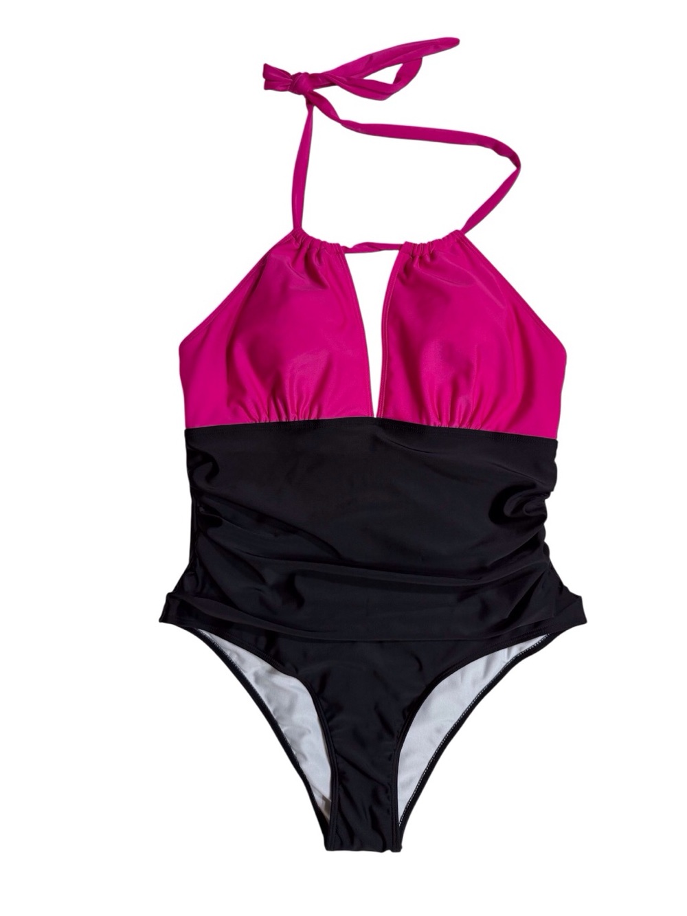 Hot pink and black one-piece swimsuit halter neck with a ruched front women’s 2X